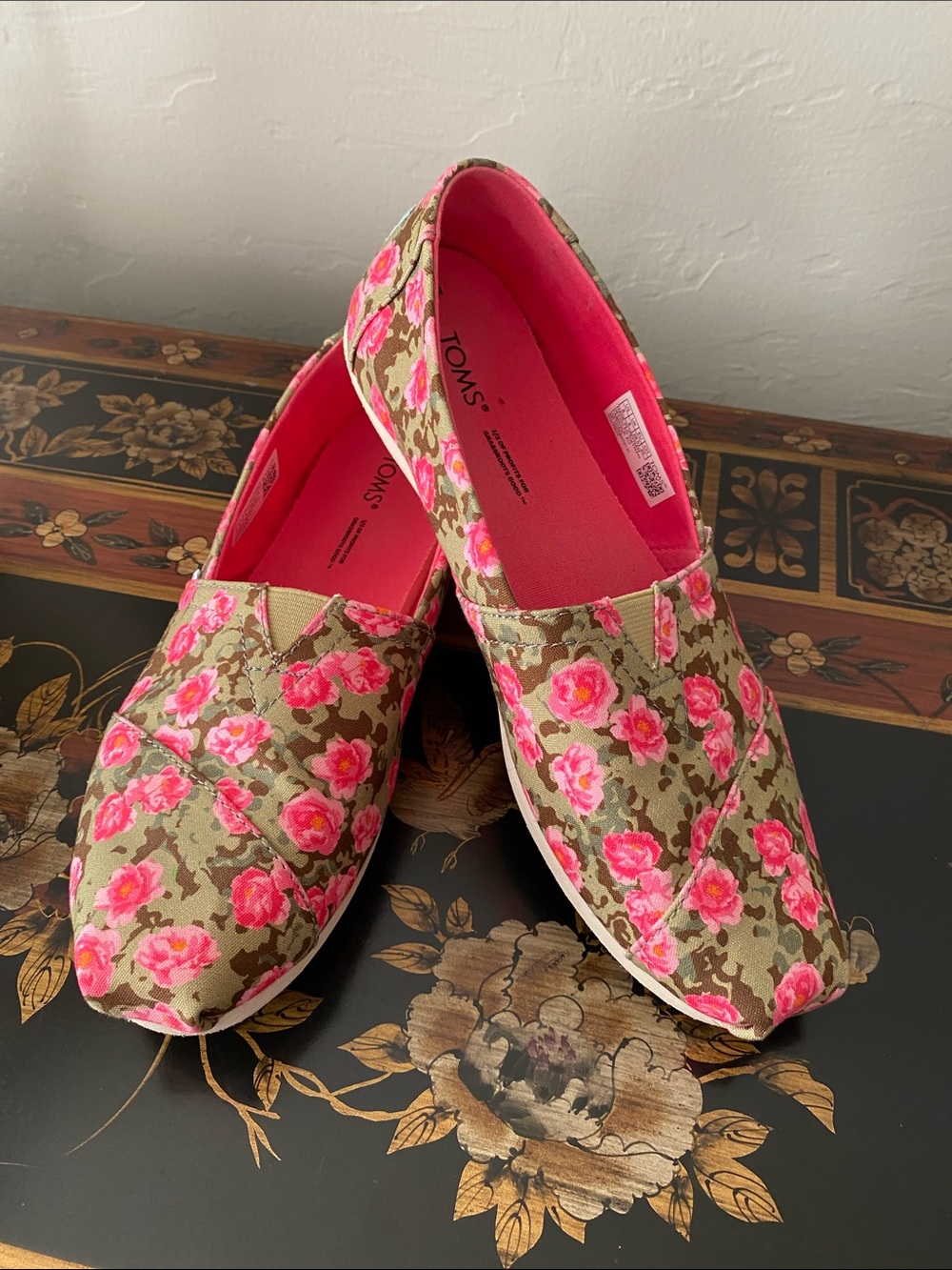 TOMS Floral Canvas Slip-On Flats in Pink and Olive